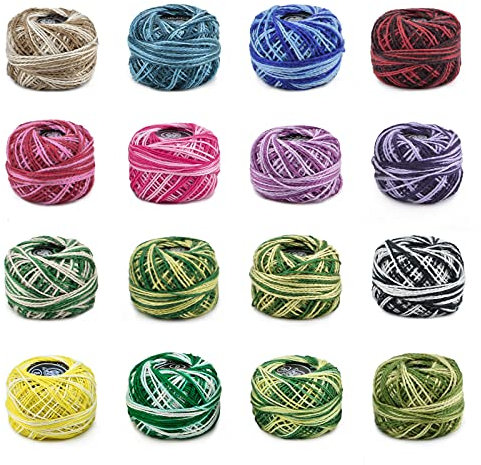 WANDIC Buntes Häkelgarn Baumwolle, 16 Packungen Häkelgarn Set zum Nähen, Häkeln, Strickgarn, Stickgarn für Heimwerker, 8 Meter pro Rolle