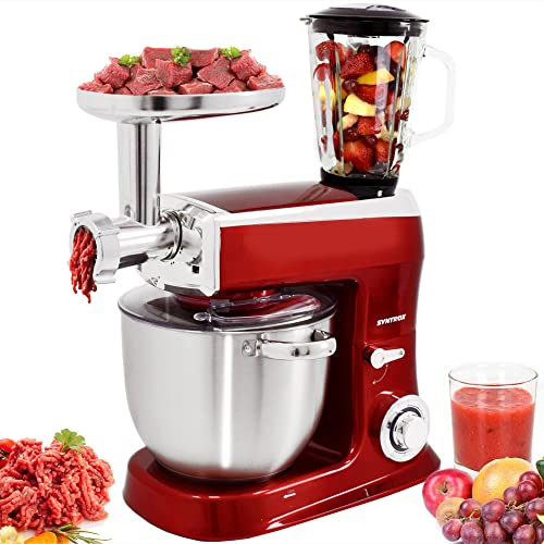 Syntrox Germany Robot de cocina, amasadora, 1500 W, con picadora de carne, recipiente de acero inoxidable de 7,5 litros, color rojo