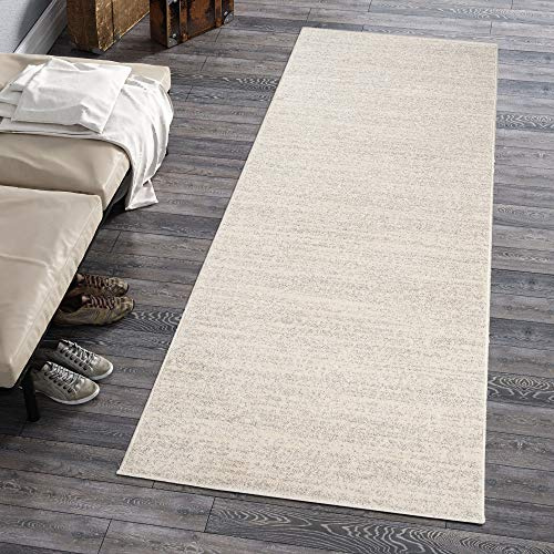 Carpeto Rugs Teppich Läufer Flur - Modern Teppichläufer - Kurzflor, Weich - Flurläufer für Wohnzimmer, Schlafzimmer - Teppiche - Meterware - Creme Weiß - 60 x 250 cm