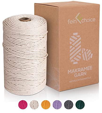 fein choice®Makramee Garn 3mm x 200m, Natürlicher Baumwollgarn für DIY Handwerk, Makramee Wandbehang als Raumschmuck, Naturkordel Makramee Blumenampel, Hängepflanze echte Pflanzen (Natürlich)