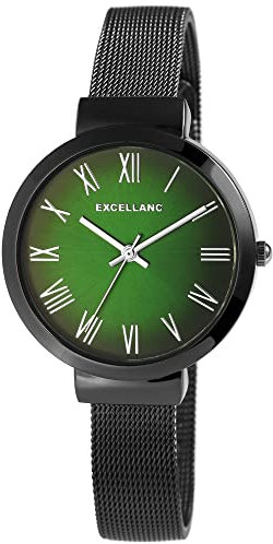 Excellanc Damen-Uhr Edelstahl Meshband Hakenverschluss Analog Quarz 1300036 (schwarz grün)