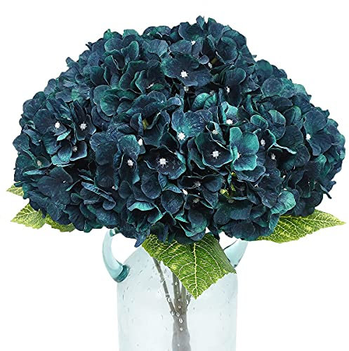 Blooming Paradise Künstliche Blumen, Pflanzen, Seide, Hortensien, Blumenarrangements, Hochzeitssträuße, Dekorationen, Kunststoff, für Zuhause, Küche, Garten, Party, Bar, DIY (dunkles Pfauenblau)