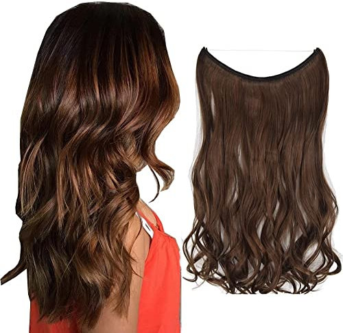 iLUU Hair Long Curly Extensions 18 80g #4A/30B Chocolate Brown and Auburn Brown Womens Seret Invisible Wire Fish Line Hair Extensions Curly Welliges Kunsthaar