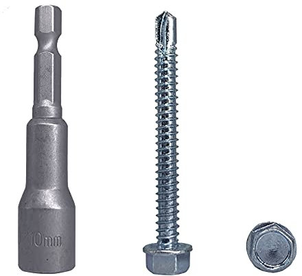 Marcopol 100 Stück DIN 7504 K Stahl verzinkt 6,3 x 63 mm Schrauben selbstbohrende Blechschraube Sechskant Unterlegscheibe Kopf selbstschneidend (100, 6,3 x 63 mm), silber