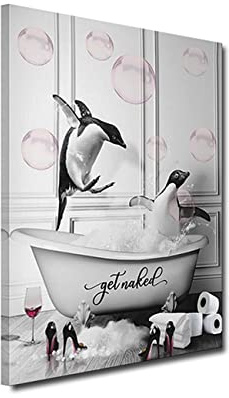 ZHONGYUTONG Badezimmer Wandbilder-Pinguine in der Badewanne mit Rosa Blasen lustige Tiere Bild Wanddekoration Gerahmt Schwarz Weiß Leinwandbilder Gemälde für Badezimmer (60x90cm)