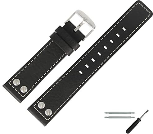 MARBURGER Uhrenarmband 20mm Leder Schwarz Silber Mit Naht - Montage Set 7822010000120