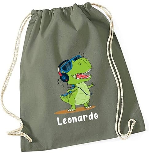 Kinder Turnbeutel mit Name und lustigem Dinosaurier Motiv Geschenk Junge Mädchen Personalisiert Sportbeutel Rucksack Schwimmtasche Kids Geburtstag Schule Kita, Turnbeutel Farben:Olive Green
