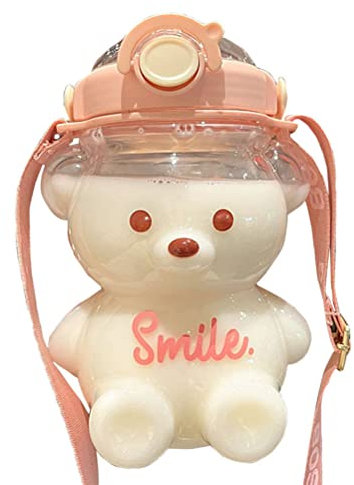 Akemaio Botella de agua con paja, botella de paja de oso kawaii, botella de agua portátil para niños de dibujos animados con paja y anillo de transporte, correa de hombro ajustable, reutilizable para