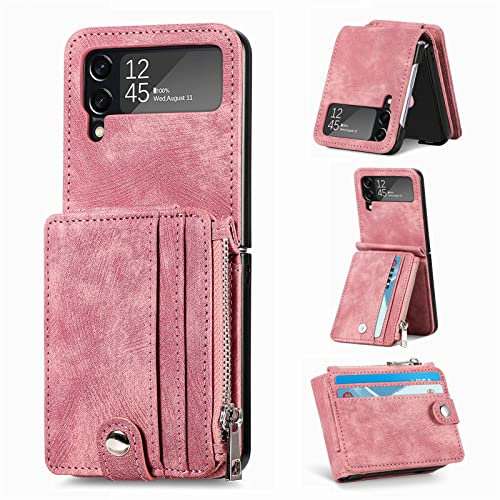 Shinyzone Custodia a portafoglio per Samsung Galaxy Z Flip 3 5G, in pelle PU 2 in 1, con chiusura magnetica, rimovibile, con cerniera, per Galaxy Z Flip 3, con supporto, rosa