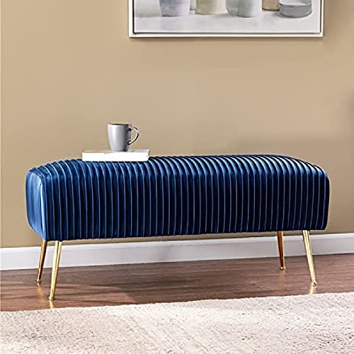 CJGKDJS Luxuriöse Schlafzimmerbank,Bettbank Aus Samt Mit Goldenen Beinen,Bequeme Polsterbank Eingangsbank,Blau,80X45X45Cm(31X18X18Inch)