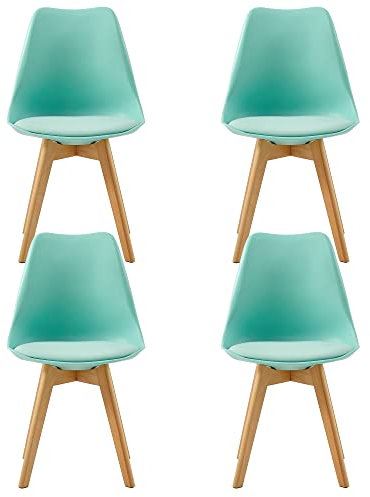 H.J WeDoo Pack 4 Silla de Comedor Nórdico Sillas Cocina con Asiento Tapizado Patas de Madera de Haya Respaldo Ergonómico, Verde Menta