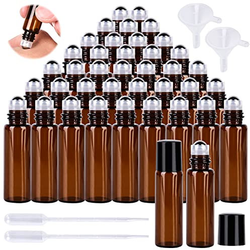 40 Stück Ätherische Öle Roller Flaschen,Glas Roller Flaschen,Roll On Flasche Leer 5ml mit Edelstahl Roller Bällen,Nachfüllbar Roll-on Glasflaschen Klein für Ätherisches Öl Aromatherapie Parfüm Massage