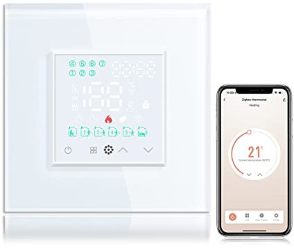 BSEED Smart Home, WiFi Raumthermostat Heizung(Zigbee Hub Erforderlich) programmierbare Temperatursteuerung für Wasser Fußbodenheizung, Alexa Google Home Tuya kompatibel ohne Batterien Weiß