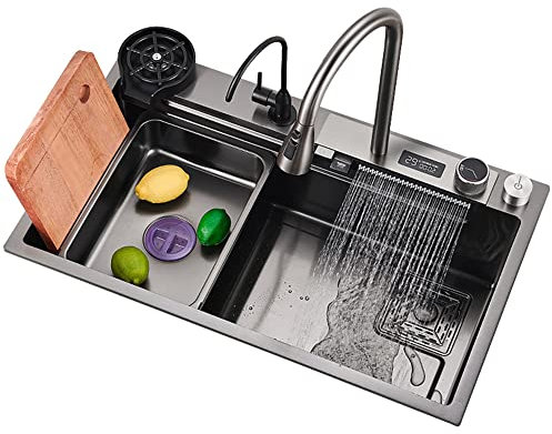 Fregadero de Cocina,Fregadero de Cascada,Fregadero de lluvia volador,Juego de Fregadero Doméstico de Acero Inoxidable 304,Fregadero Integrado con Grifo Extraíble (75×46×21cm)