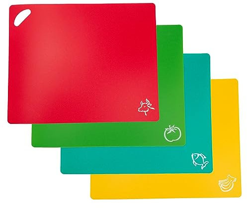 Intirilife 4x Schneidebretter flexible Schneidematte in bunten Farben - 37.8 x 30.2 cm - Größe mit Lebensmittelsymbol - Rutschfeste BPA-freie Küchenunterlage für jede Situation