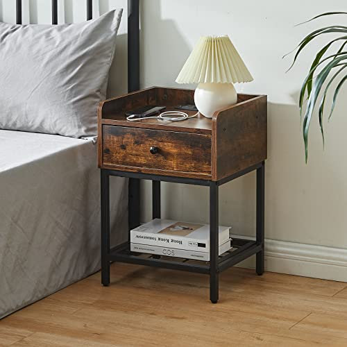 CLIPOP Bedside Table with Charging Station, Industrial Retro Nightstand with 1 Drawer and Storage Shelves, with USB Ports and Outlets, Wood Sofa End Table for Bedroom Living Room