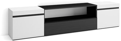 Skraut Home | TV-Schrank, Lowboard | für Wohnzimmer und Esszimmer | 200x45x35cm | Für TV-Geräte bis zu 80 | Fernsehtisch | Moderner Stil | Weiß und Schwarz