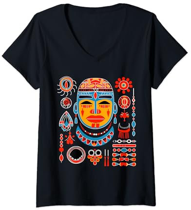 Haida Schmuck und Maske Indianer Tribal Art Style T-Shirt mit V-Ausschnitt