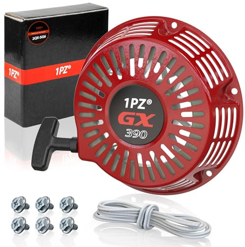 1PZ UK6-PS7 GX390 Recoil Spring Pull Starter Replacement for GX340 GX390 GX610 GX620 11hp 13hp 28400-ZE3-W01ZA Generator Pull Starter with 6 Bolts and Rope Kit