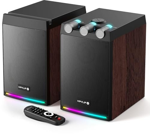 HPYLIF·H Aktive Bluetooth Regallautsprecher, 100 Watt (2x50 W) 2.0 Monitor Lautsprecher mit Holzgehäuse, Bass- und Höheneinstellung, MIC-Link, Hi-Fi Speakers für TV, PC, Smartphone, Holzfarbe
