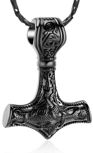 Mjolnir Pendentif en forme de marteau de Thor pour cendres – Collier urne en forme de marteau de Thor avec mini urne commémorative pour homme/femme, Acier inoxydable, Pas de gemme