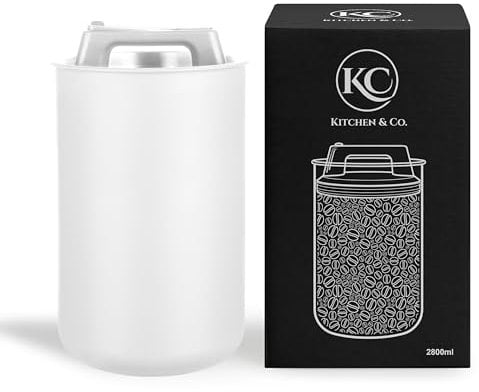 KC Kitchen & Co. Lata de café hermética para 1 kg de granos de café, de acero inoxidable, con tapa al vacío y cierre de aroma, lata de almacenamiento para café, té, azúcar, cereales, color blanco