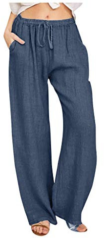 Awrvia Sommerhose Damen Elegant Leinenhose Lässige Palazzo Hose High Waist Einfarbig Freizeithose Baumwolle Leinen Hosen Baggy Elastisch Stoffhose Bequeme Atmungsaktiv Yogahose Mode Traininghose