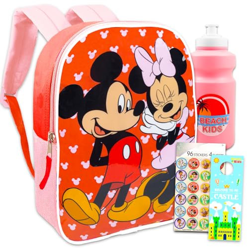 Mochila de Mickey y Minnie para niños, paquete con mochila de Mickey y Minnie de 15 pulgadas, botella de agua, calcomanías, más | Mochila de Mickey Mouse para niños y niñas, Mochila Minne Mouse,