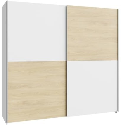 FORTE Möbel Schach und Matt Kleiderschrank 200, Schwebetürenschrank mit 2 Türen und Einlegeböden, Holzwerkstoff, Puccini Eiche Dekor mit Weiß im Schachbretuster