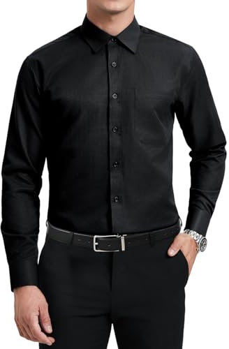 HISDERN Mens Black Shirt Long Sleeve Dress Shirts for Men Adult Formal Button Down Smart Casual Regular Fit Business with Pocket 2XL