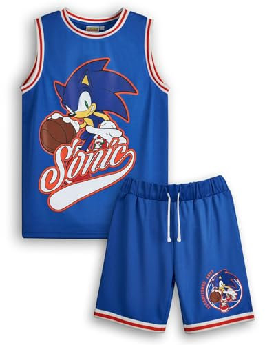 Sonic The Hedgehog Jungen Basketball Trikot und Shorts Set | Kinder komplettes zweiteiliges Sport-Outfit in Blau | Kinder-Bundle