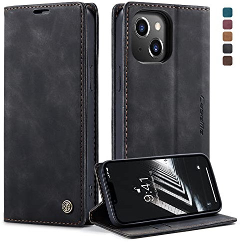 owlhold Handyhülle für iPhone 14 Hülle, Premium Lederhülle Weiches Vintage-Nubukleder Faltbare Ständer Klapphülle Kartenfach Standfunktion stoßfest Schutzhülle für iPhone 14 -Schwarz