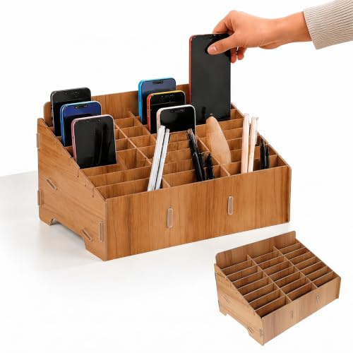 Tofficu Holz Schreibtisch Organizer mit 24 Fächern, Stiftehalter Aufbewahrungsbox für Büro Zubehör, Handy Halter & Schulbedarf, Desktop Ordnungssystem aus Naturholz für Home Office