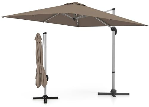 KOMFOTTEU Ombrellone da Giardino Quadrato 3x3m, Pieghevole e Regolabile in Altezza Con Base a Croce, da Balcone, 260cm, Parasole per Cortile, Terrazza, Piscina (Marrone)