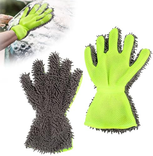 Lot de 2 gants de toilette pour voiture, avec sangle élastique, gant en microfibre double face, 5 doigts, pour lavage de voiture, moto, dépoussiérage, 30 x 21 cm