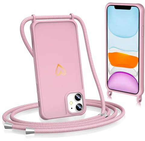 Noyabox für iPhone 11 Handyhülle mit Band, Goldenem Herz Silikon zum Umhängen Handykette mit Abnehmbarer Kordel Halskettenhülle Stoßfest mit Kameraschutz, Rosa