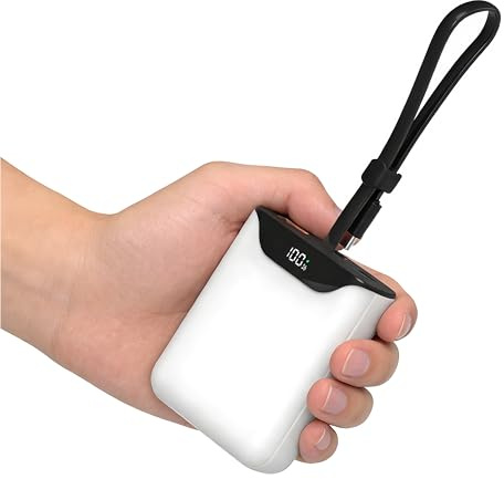 Small Power Bank, 10000mAh Fast Charging Portable Charger with Built-in USB-C In/Out Cable for Travel, LED Display Mini Battery Pack for 17/16/15/14/13, iPad, Andriod and More (White)