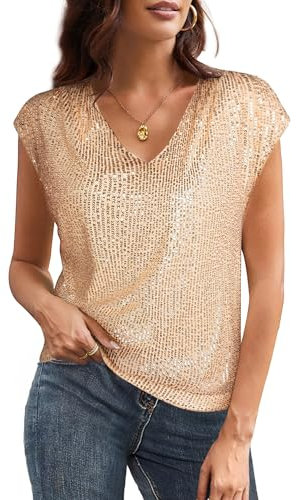 Damen Cocktailbluse Elegant Funkelnde Pailletten Tunika V-Auschnitt Kuzre Ärmel Shirt Glitzer Oberteile für Kleid Tops Gold XXL