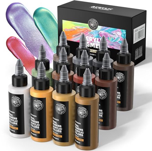 Paul Rubens Metallic Acrylic Paint, 12 Metallic Colors Set C, 2fl oz/60ml Bottles, Rich Pigments, Strong Coverage Acrylic Paints for Adults, Artists, Beginners on Canvas Rocks Wood Ceramic Fabric