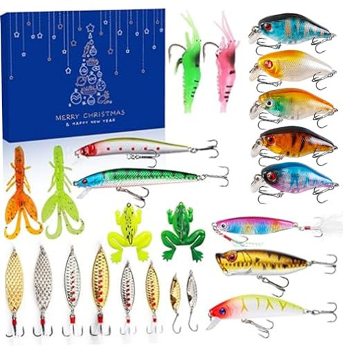 Wedhapy Fischerei Adventskalender 2023, 24 Tage Angelkalender für Frischwasser & Salzwasser Weihnachtsfestkalender Geschenke für Männer Fischerei Köder -Adventskalender Adventskalender für Menfishi