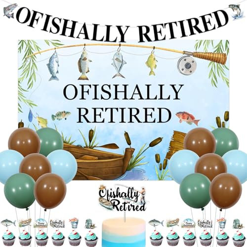 Funmemoir Fishing Retirement Party Decorations, Ofishally Retired Party Decorations - Banner, Backdrop, Cake and Cupcake Toppers, Balloons for Gone Fishing Happy Retirement Party Decorations