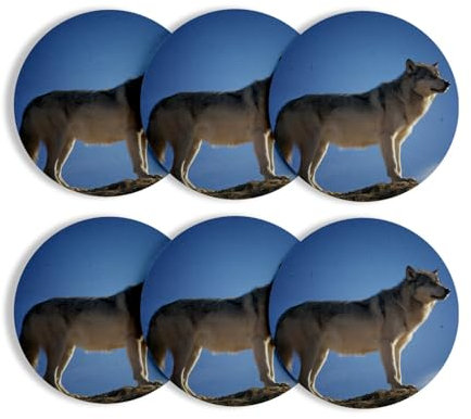 Untersetzer aus rundem Korkboden - Fotowolf, Natur, wildes Tier, blauer Himmel, 6 Stück (95 x 95 mm)