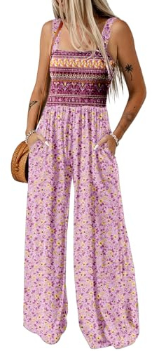 Dokotoo Jumpsuit Damen Sommer Blumenmuster Latzhose Elegant Lang Overall | Sommer Outfits Urlaub Must Haves Casual Lose Hosenanzug Weites Bein Romper mit Taschen