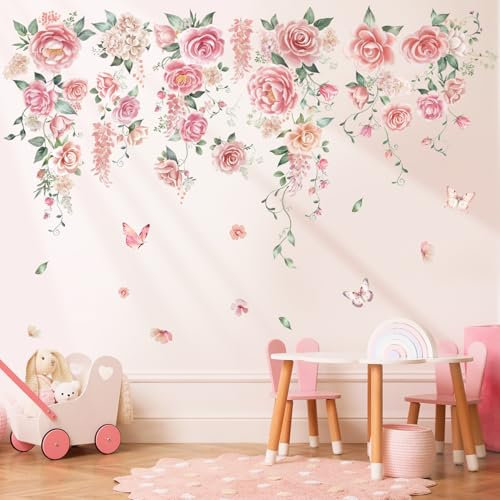 DECOWALL SG3-2428 Adesivi Murali Rosa Rampicante Decalcomanie per Camera da Letto Fiori Decorazione Arte Floreale Rosa Decorazione TV Farfalle Cameretta Peel and Stick Sfondo Removibile Ragazze