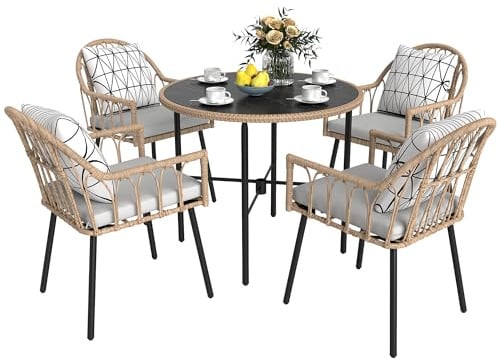Outsunny 5 Piece Patio Rattan Dining Set, Wicker Garden Table and Chairs w/Removable Seat & Back Cushions, Round Tempered Glass Tabletop, Parasol Hole, Outdoor Furniture Conservatory Set, Light Brown