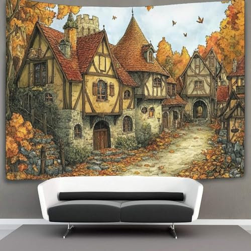 kaiyun Herbst-Retro-Stil Tapestry Wall Hanging, Mittelalterliches Dorf Tapisserie-Wandteppich-Dekor Für Wohnzimmer, Schlafzimmer,Wohnheim 150cmx200cm