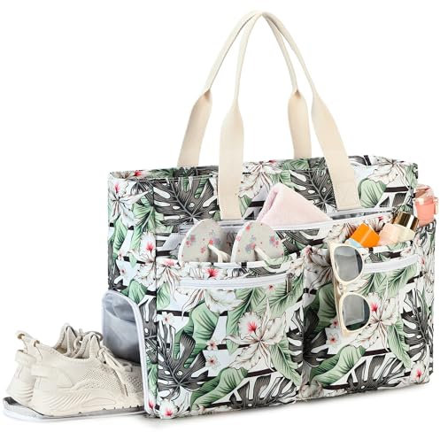 Makukke Sac de Plage XXL - Grand Beach Bag Avec Compartiment à Chaussures - Étanche au Sable - Pliable - Ultra léger - Avec Fermeture éclair - Pour Vacances, Voyages, Gym, Pique-Nique (Fleur Blanche)