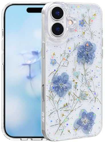 Efitoo for iPhone 16 Case Clear Glitter with Flowers Design Real Dried Pressed Flower/Floral Sparkle Cute Soft Slim Aesthetic Shockproof Protective Girly Women Girls Phone Cover (Blue)