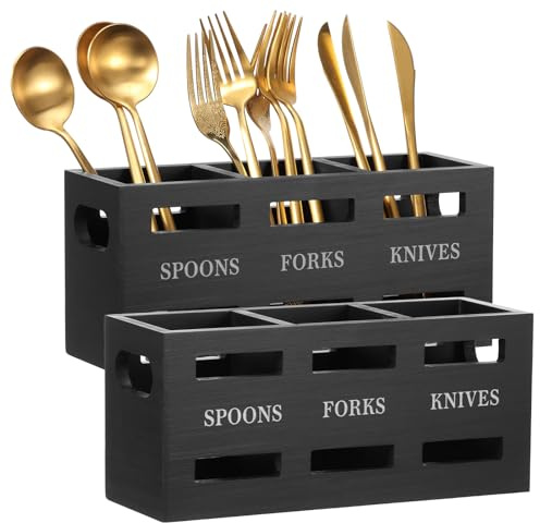 VAVPUP 2-Pack Wooden Cutlery Holder with Labeled Compartments 3-Section Kitchen Organizer for Utensils,Forks & Spoons Large Capacity Bamboo Caddy for Home & Party Use(black)