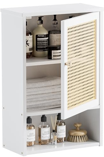 HITNET Weiß Rattan Klein Wandschrank für Badezimmer Küche Waschküche | Badschrank Hängend, Bambus Medizinschrank mit Verstellbaren Regalen, Aufbewahrungsschrank Wandmontage Over-the-Toiletten